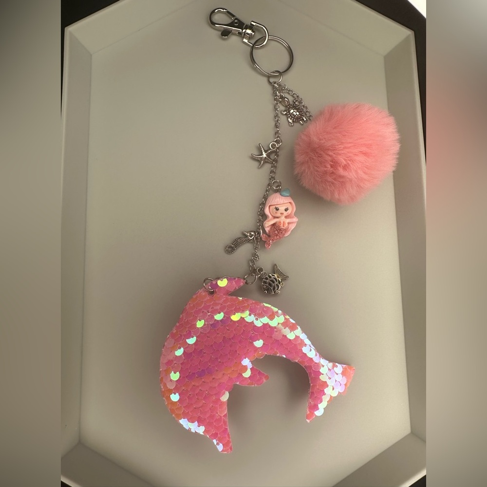 Handmade Pink Keychain with Pom Pom & Mermaid